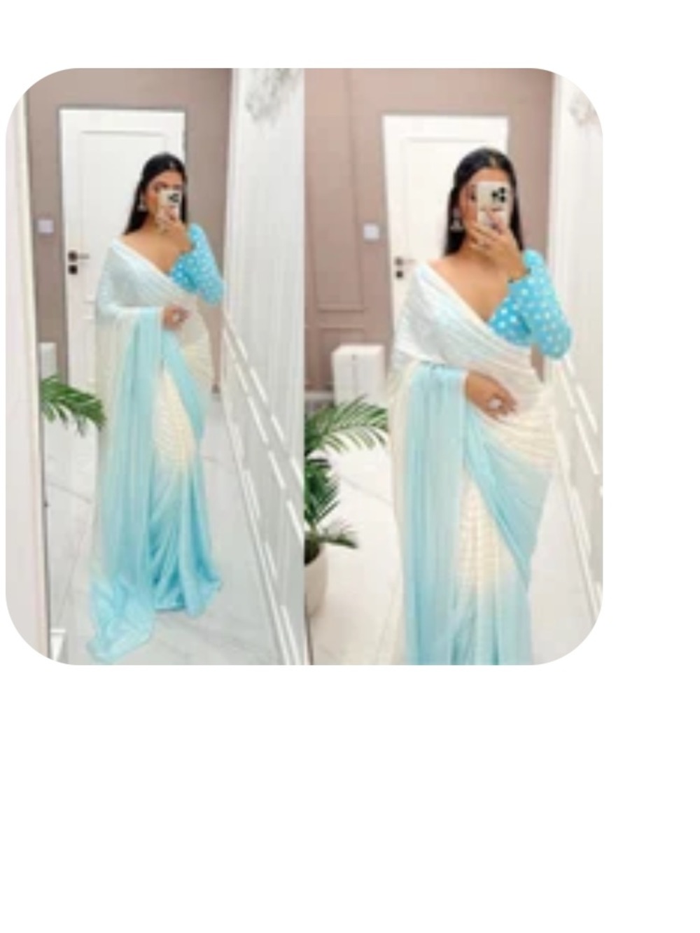 Elegant Light Blue and White Draped saree with Polka Dot Sleeve blouse saree set